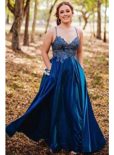 2024 Prom Dresses A-Line Sweetheart Lace Spaghetti Straps Royal Blue