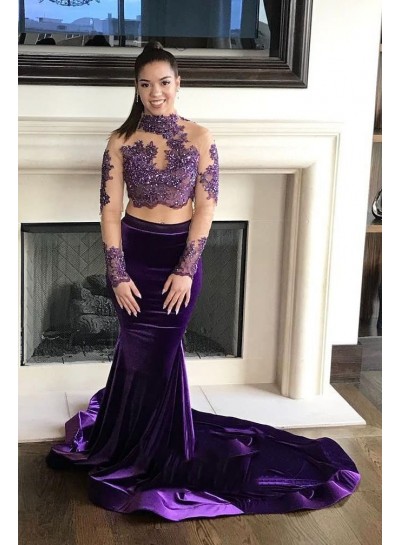 2024 Prom Dresses Long Sleeves Purple Two Pieces Open Back Appliques Long Dress