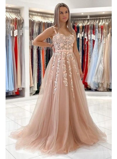 2024 Prom Dresses A-Line Tulle Pearl Pink Sweetheart Floral Patterns Long Dress