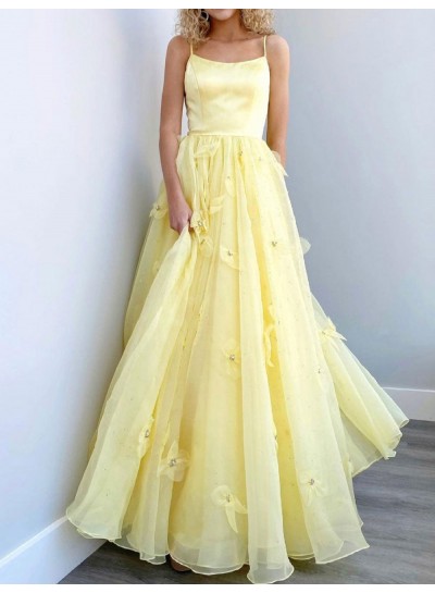 2024 Prom Dresses A-Line Organza Light Yellow Halter Criss Cross Long Dress