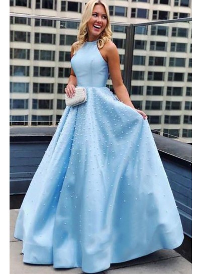 2023 Prom Dresses A-Line Satin Blue Pearls Scoop Long Dress