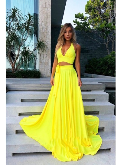 2024 Prom Dresses A-Line Yellow V Neck Two Pieces Long Dress