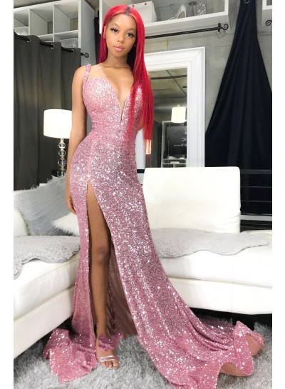 2024 Prom Dresses Pink Sheath Sweetheart Side Slit Sequence Long Dress