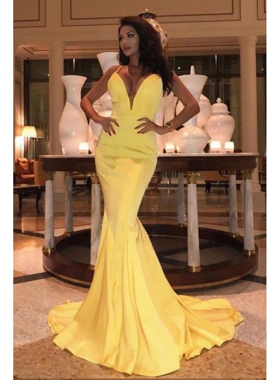 2023 Prom Dresses Mermaid Satin Sweetheart Daffodil Long Dress Halter