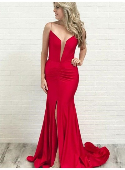 2024 Prom Dresses Sheath Red Side Slit Long Spaghetti Straps