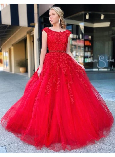 2023 Prom Dresses A-Line Red Tulle With Appliques Backless Long Dress