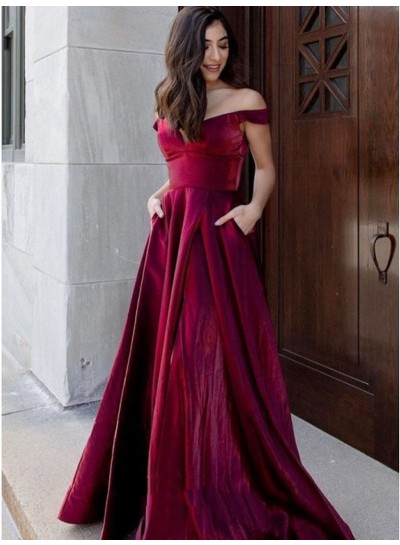 2024 Prom Dresses A-Line Burgundy Off Shoulder Long Dress Sweetheart