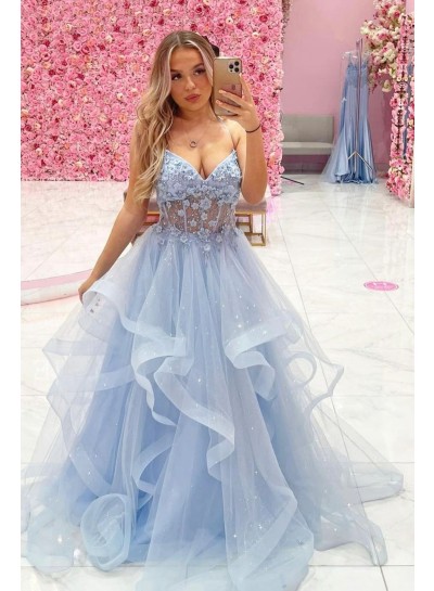 2023 A Line Light Sky Blue Tulle Sweetheart Long Prom Dresses