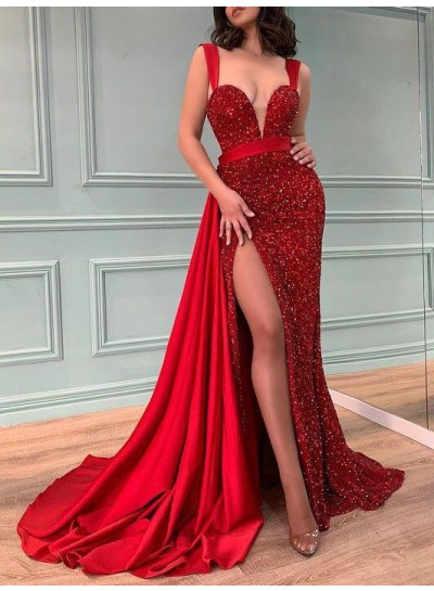 2024 Red Side Slit Sequence Sweetheart detachable Train Prom Dresses