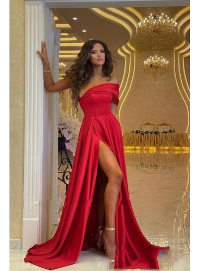 A Line Silk Like Satin Red Side Slit Long Prom Dresses 2024