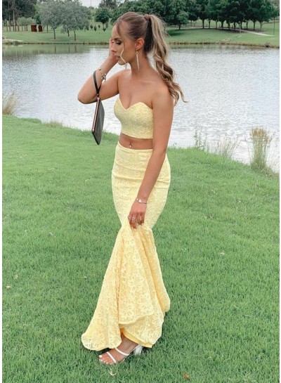 2023 Sheath Light Yellow Sweetheart Lace Long Two Pieces Prom Dresses