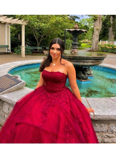 A Line Tulle With Appliques Plus Size Burgundy Long Prom Dresses 2024 