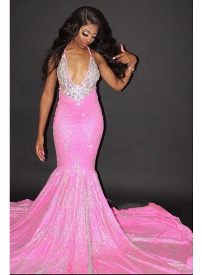 2024 Pink Halter Backless Sequence Long Mermaid Prom Dresses