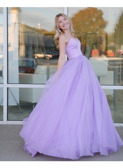 A Line Tulle Sweetheart Open Back Lace Up Long Lilac Prom Dresses 2024