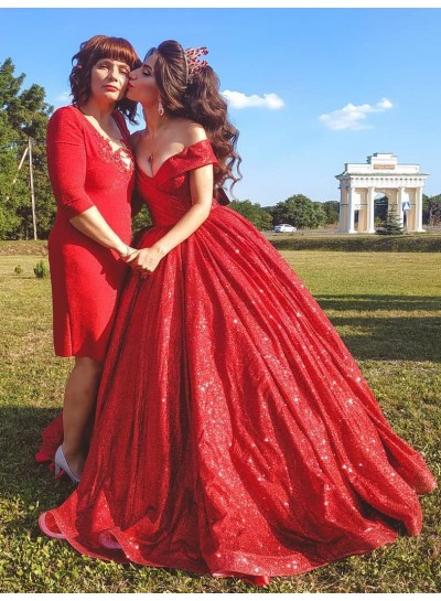 Red Off Shoulder Sequence Long 2024 Ball Gown Sequence Prom Dresses