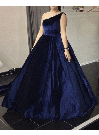 Ball Gown One-shoulder Sleeveless Velvet Sweep/Brush Train 2024 Prom Dresses