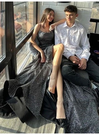 2024 Sheath/Column Spaghetti Straps Sleeveless Sequins Ruffles  Sweep/Brush Train Prom Dresses