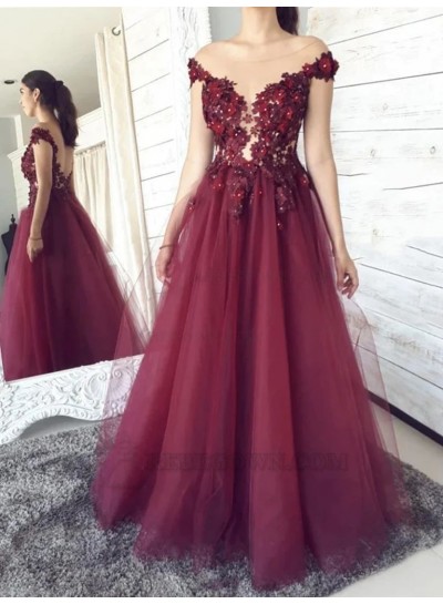 A-Line/Princess Tulle Appliques Off-the-Shoulder Sleeveless Floor-Length Prom Dresses