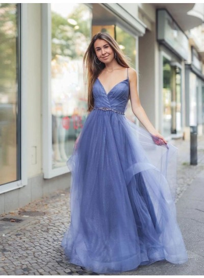 2024 A-Line/Princess Spaghetti Straps Sleeveless Tulle Sweep/Brush Train Prom Dresses