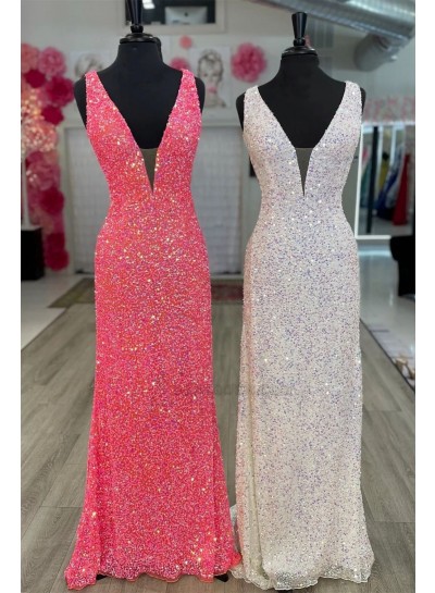 2024 Sheath/Column V-neck Sequins Sleeveless Floor-Length Prom Dresses