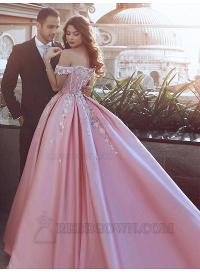 2024 Ball Gown Satin Appliques Off -the -Shoulder Sleeveless Sweep/Brush Train Prom Dresses