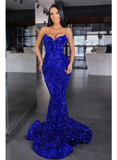 Trumpet/Mermaid Spaghetti Straps Sequins Sleeveless Sweep/Brush Train 2023 Prom Dresses
