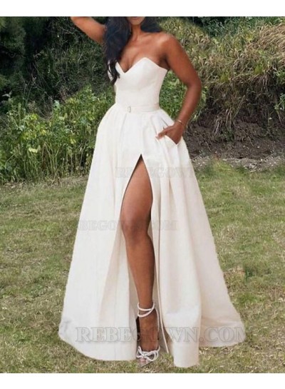 2024 A-Line/Princess Strapless Straight Across Sleeveless Satin Floor-Length Prom Dresses