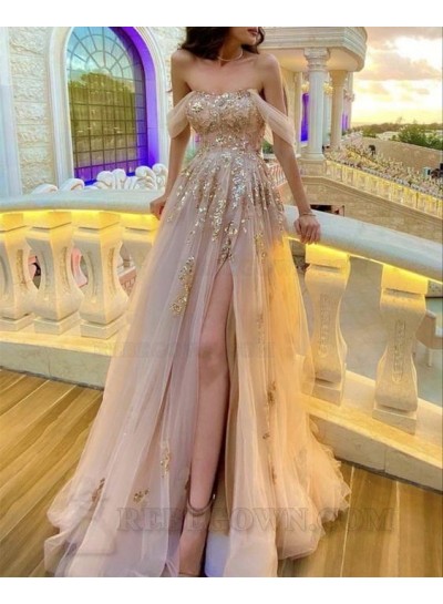 2024 A-Line/Princess Tulle Off the Shoulder Sleeveless Sequins Sweep/Brush Train Prom Dresses