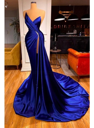 Sheath/Column Silk like Satin Ruched Sleeveless Strapless Sweep/Brush Train 2023 Prom Dresses