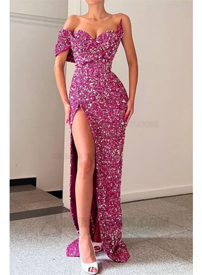2023 Sheath/Column Sequins Sleeveless Off the Shoulder Floor-Length Prom Dresses