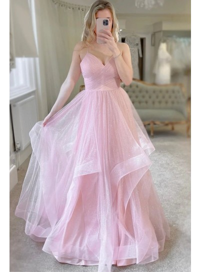 2024 A-Line/Princess Sleeveless Sweetheart Tulle Ruched Sweep/Brush Train Prom Dresses