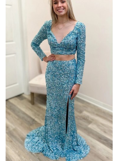 2024 Sheath/Column Sequins Long Sleeves V-neck Sweep/Brush Train Two Pieces Prom Dresses