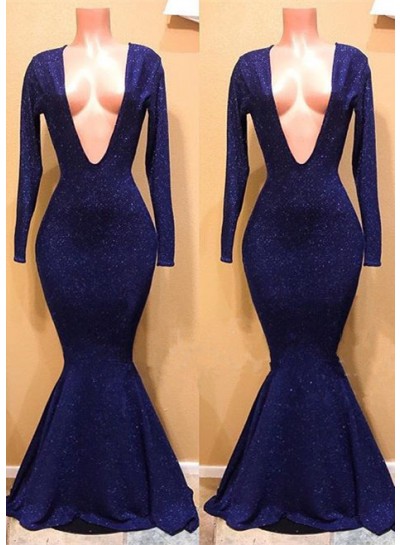 Trumpet/Mermaid V-neck Long Sleeves Sequins Floor Length 2023 Prom Dresses