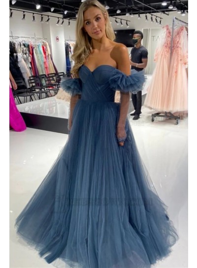 A-Line/Princess Off the Shoulder Long Sleeves Tulle Sweep/Brush Train 2024 Prom Dresses