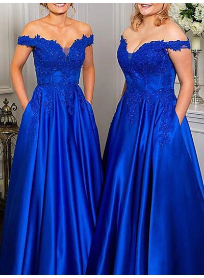 A-Line/Princess Appliques Sleeveless Off the Shoulder Satin 2024 Sweep/Brush Train Prom Dresses