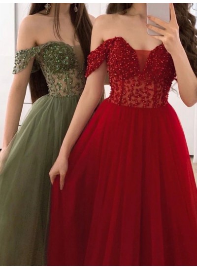 2024 A-Line/Princess Tulle Off the Shoulder Beading Sweep/Brush Train Prom Dresses