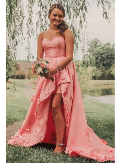 A-Line/Princess Satin Sleeveless Strapless Hand-Made Flowers 2024 High Low Prom Dresses