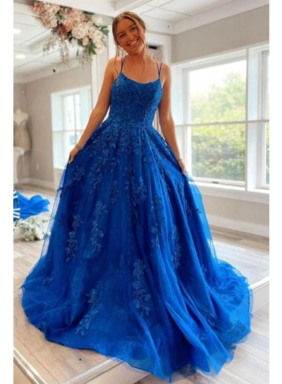 2024 Ball Gown Tulle Appliques Spaghetti Straps Sleeveless Sweep/Brush Train Prom Dresses