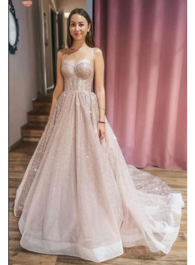 A-Line/Princess Sequins Spaghetti Straps Sleeveless 2023 Sweep/Brush Train Prom Dresses