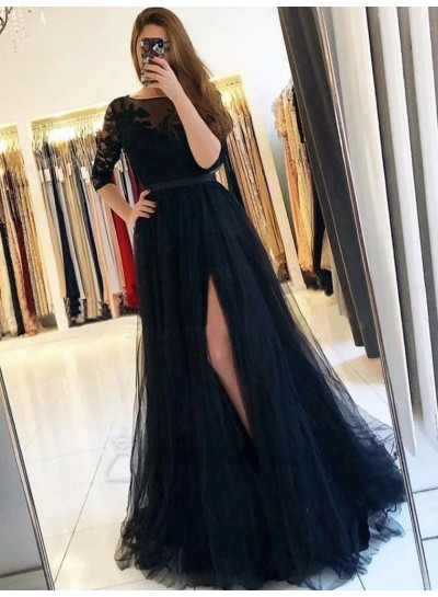 A-Line/Princess Appliques Long Sleeves Tulle 2024 Sweep/Brush Train Prom Dresses