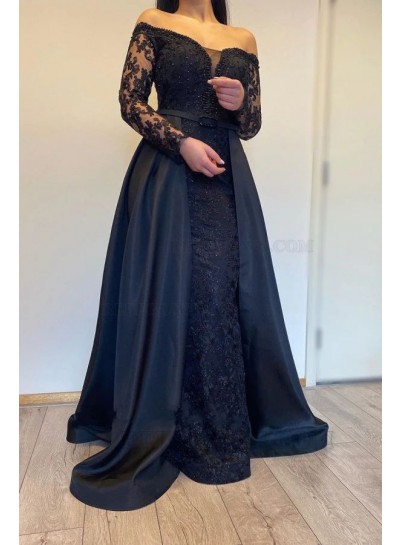 A-Line/Princess Appliques Off the Shoulder Satin Long Sleeves 2024 Sweep/Brush Train Prom Dresses