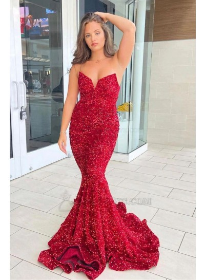 2023 Mermaid Sequins V-neck Sleeveless Sweep/Brush Train 2023 Prom Dresses