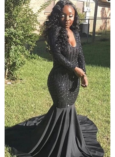 2023 Sheath/Column Sequins Long Sleeves Scoop Neck Sweep/Brush Train Prom Dresses