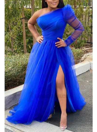 A-Line/Princess One Shoulder Tulle Long Sleeves 2024 Sweep/Brush Train Prom Dresses