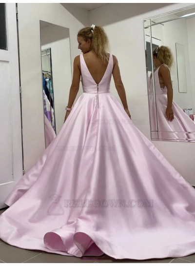 Ball Gown V-neck Silk Like Satin Applique Sleeveless 2023 Sweep/Brush Train Prom Dresses