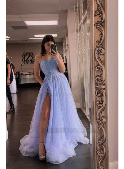 A-Line Spaghetti Straps Tulle Sequins Sleeveless 2024 Sweep/Brush Train Prom Dresses
