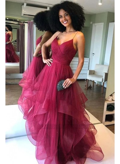 A-Line/Princess Spaghetti Straps Ruched Tulle Sleeveless 2024 Brush Train Prom Dresses