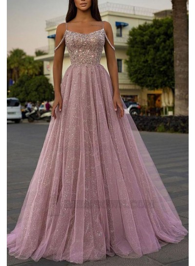 A-Line Off the Shoulder Beading Sequins Sleeveless 2024 Sweep/Brush Train Prom Dresses