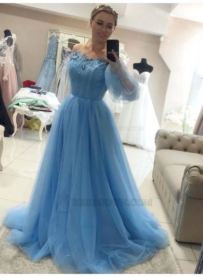A-Line Beading Long Sleeves Tulle Off the Shoulder 2024 Brush Train Prom Dresses