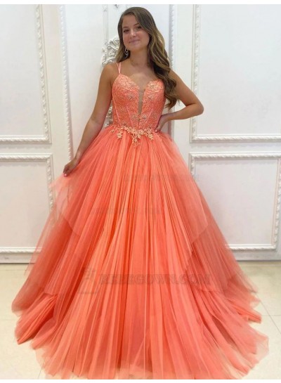 Ball Gown Appliques Tulle V-neck 2023 Sweep/Brush Train Prom Dresses